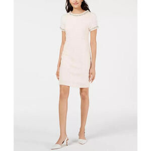 Betsey Johnson Pink Imitation Pearl Bouclé Tweed Shift Dress Size 10 Embellished